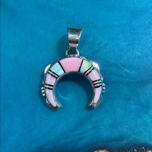 Elegant Pink Conch, Opal and Onyx and Silver Crescent Pendant